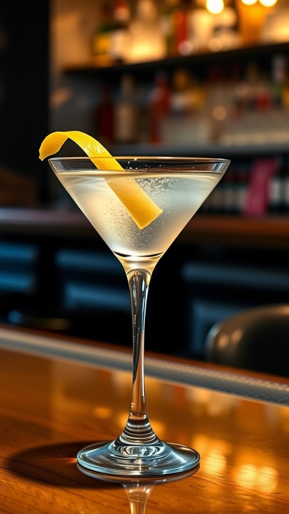 A classic Gin Martini in a martini glass, garnished with lemon peel, on a stylish bar counter.